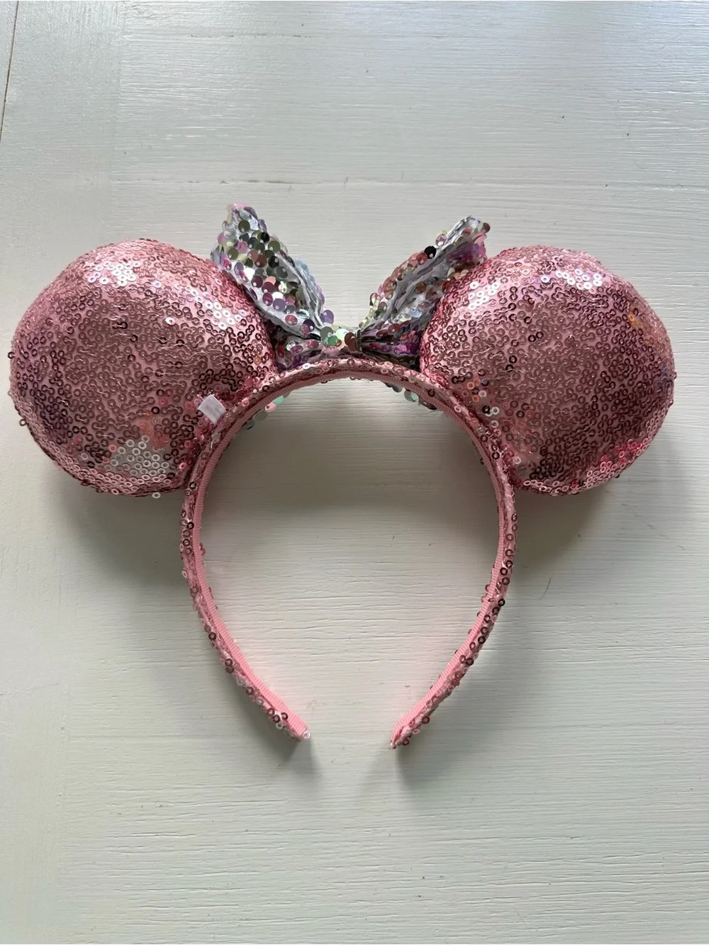 Disney Pink Sequin Minnie Ears Headband with Silver-White Bow